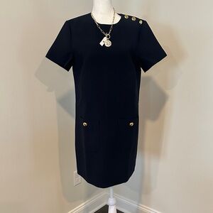 English Factory Elegant Navy Blue Dress with Gold Accents